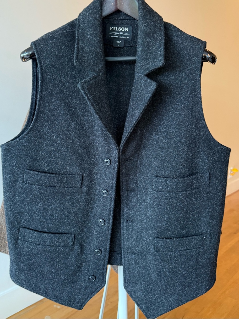 Filson Dark Charcoal Wool Vest with Four Front Pockets
